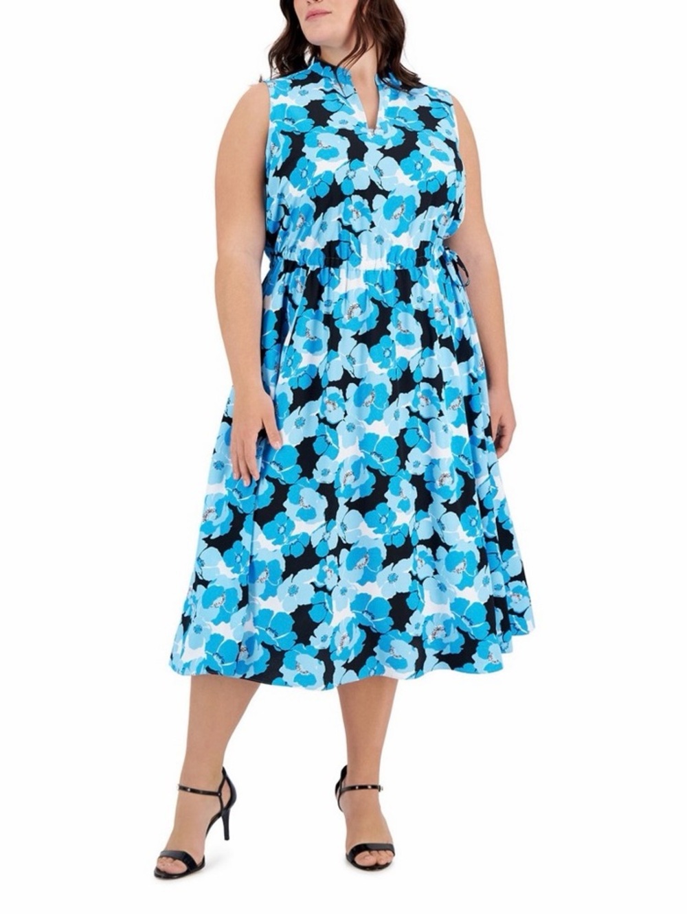 Anne Klein Blue Floral V-Neck Midi Dress